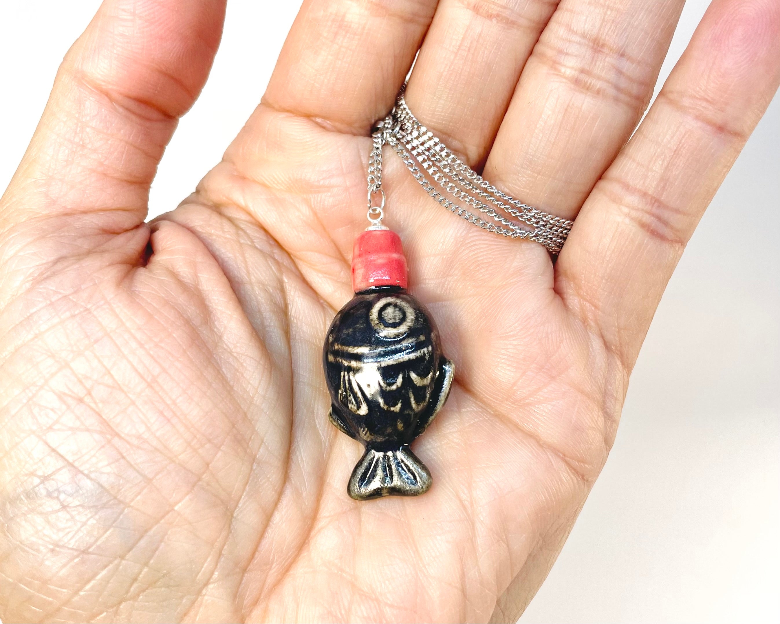 Ceramic Fish Soy Sauce Bottle - Sterling Silver Necklace