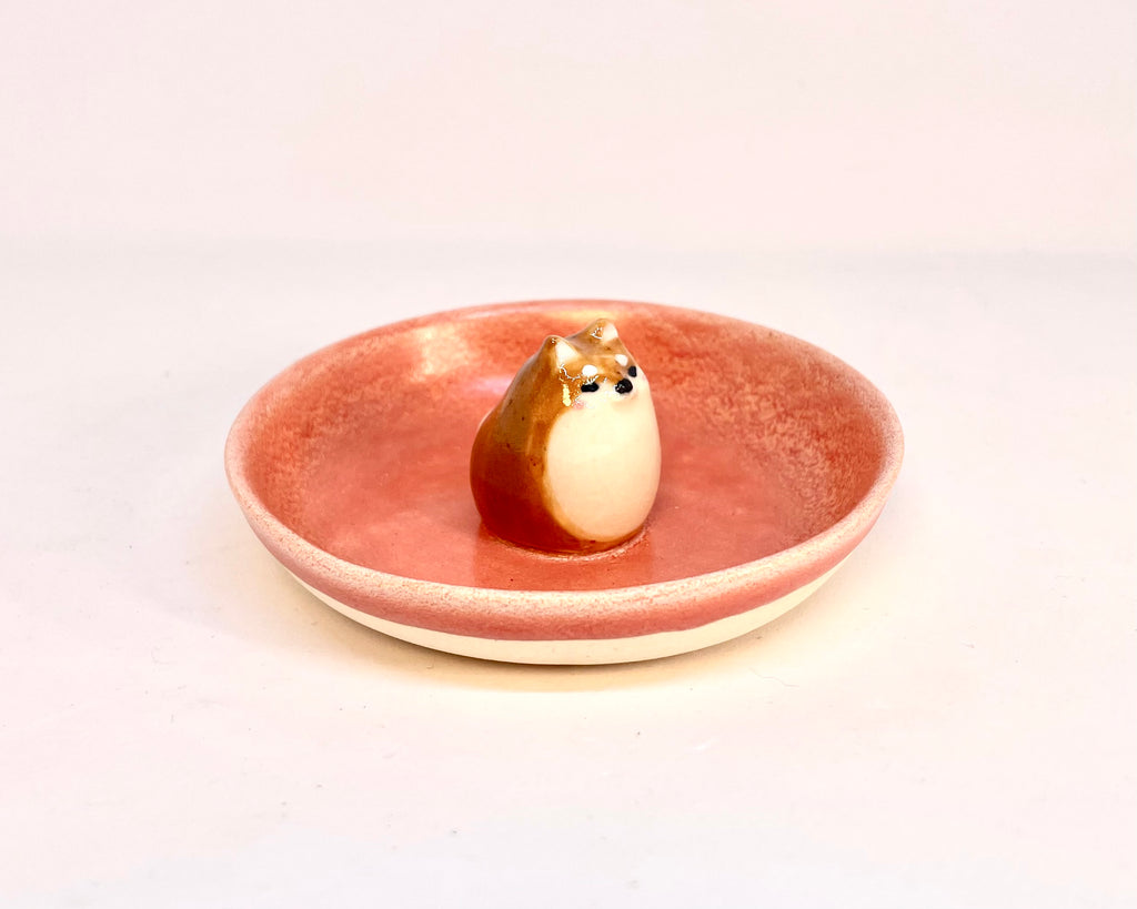 Ring Dish -  Brown Shiba Inu - Shino Salmon Glaze