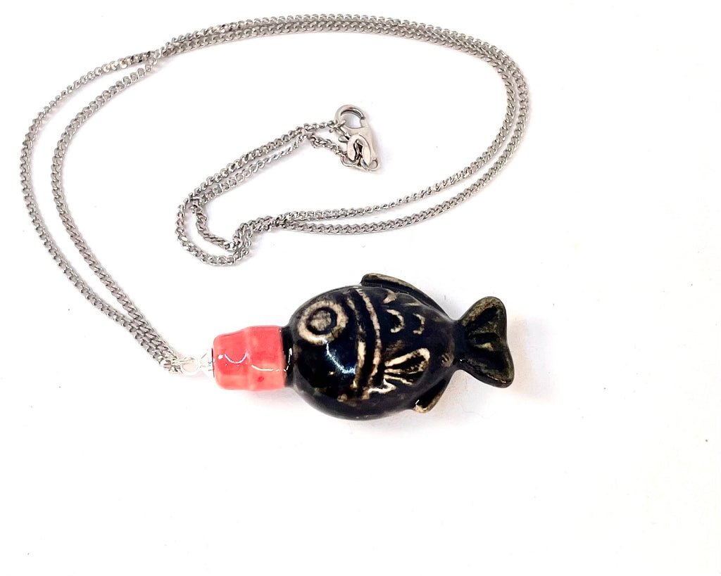 Ceramic Fish Soy Sauce Bottle - Sterling Silver Necklace