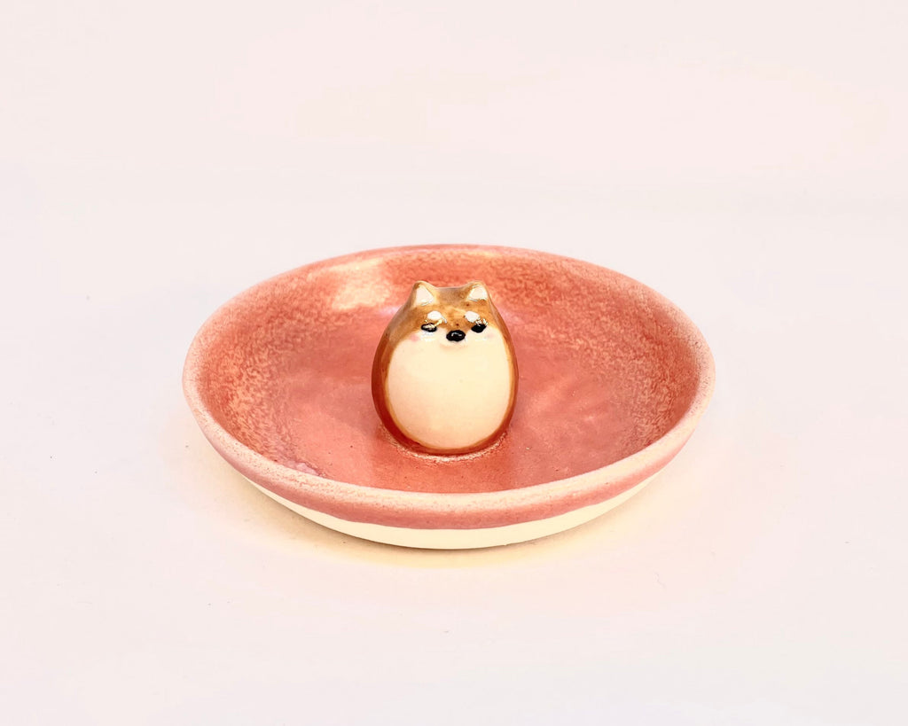 Ring Dish -  Brown Shiba Inu - Shino Salmon Glaze