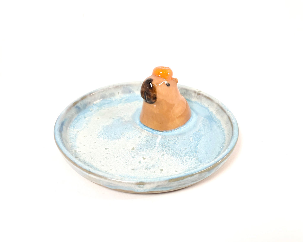 Ceramic Capybara ring holder/ incense holder with a blue speckled base 