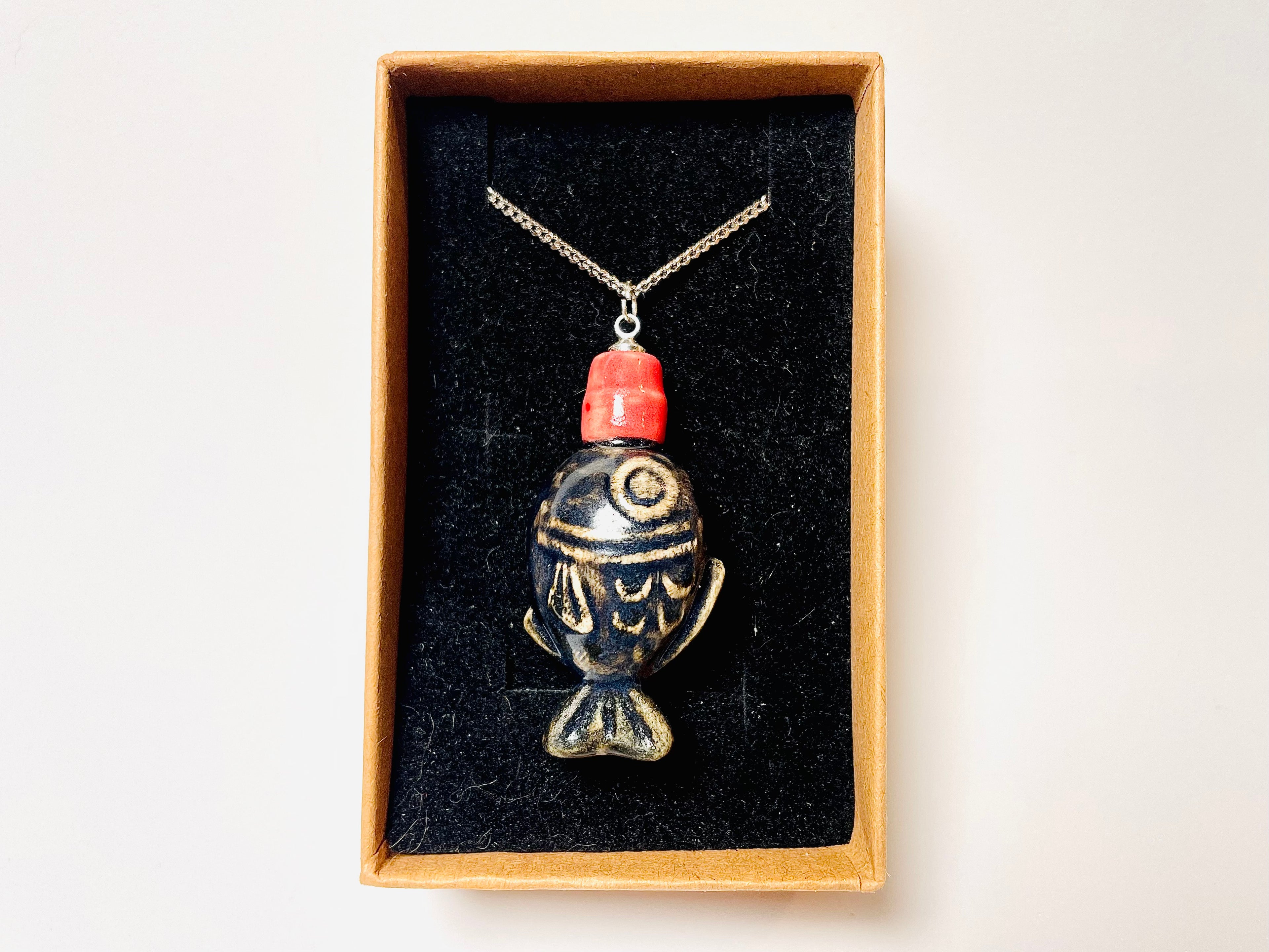 Handmade ceramic fish shaped soy sauce bottle with sterling silver Necklace