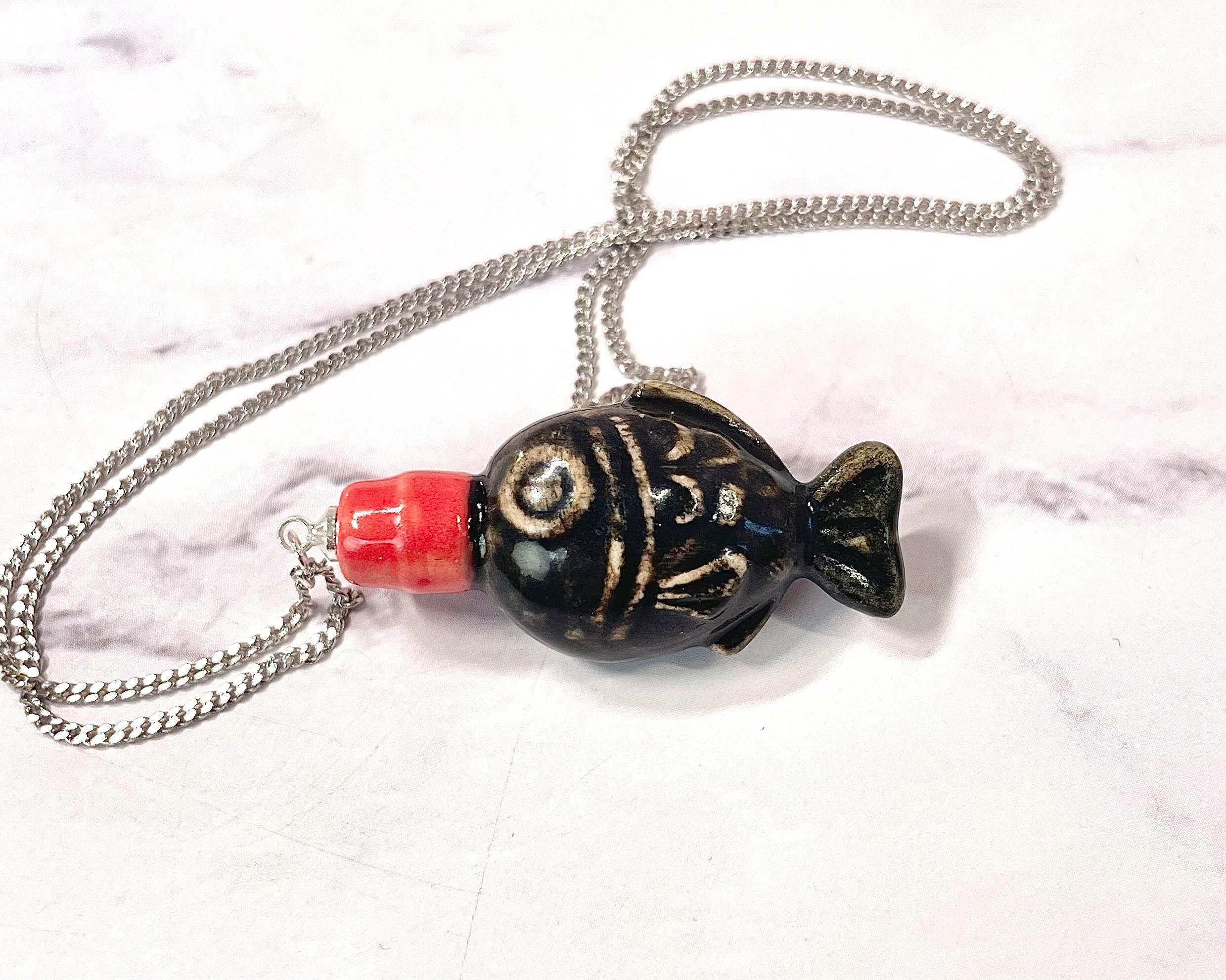 Handmade ceramic fish shaped soy sauce bottle with sterling silver necklace