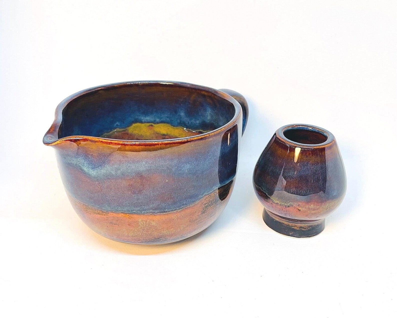 Tiger's eye with stone denim glaze ceramic matcha bowl with whisker holder