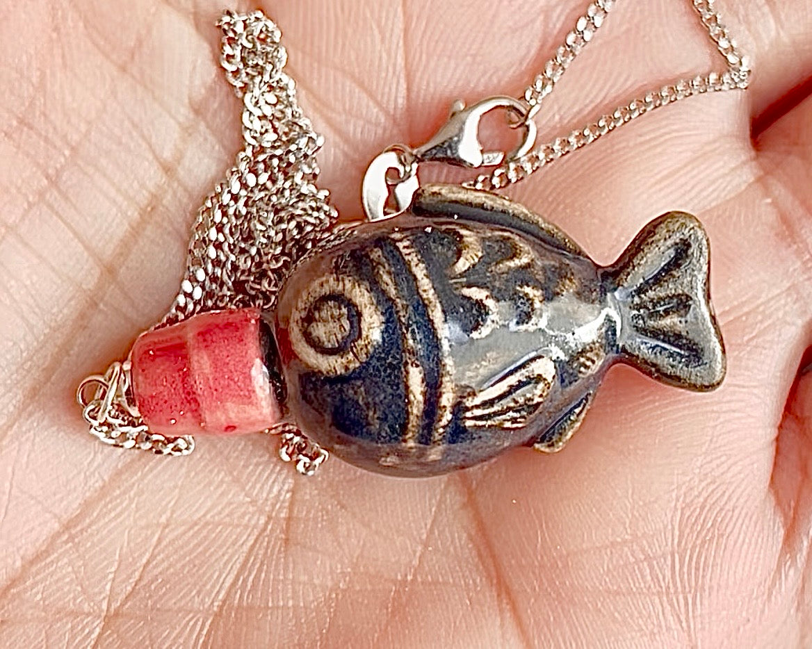 Handmade ceramic fish shaped soy sauce bottle with sterling silver necklace