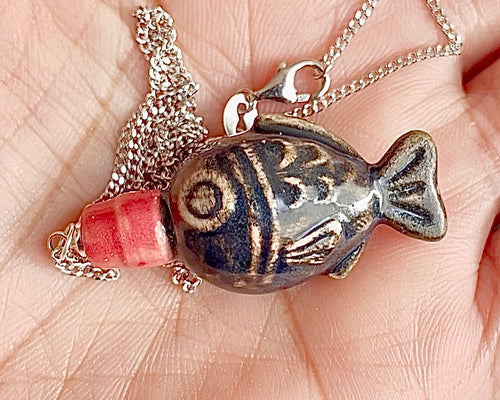 Handmade ceramic fish shaped soy sauce bottle with sterling silver necklace